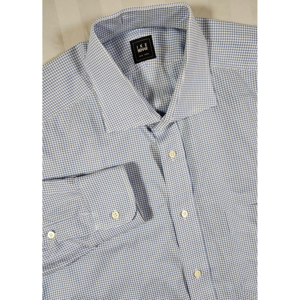 Ike Behar Mens Blue Gingham Button Down Shirt 17-L 100% Cotton Made in Peru